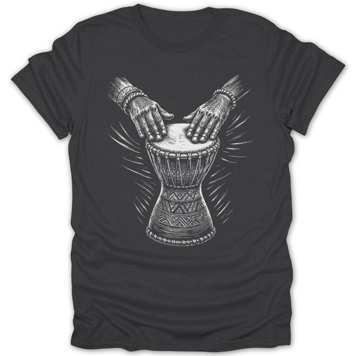 Illustration of hands playing a djembe drum with tribal patterns.
