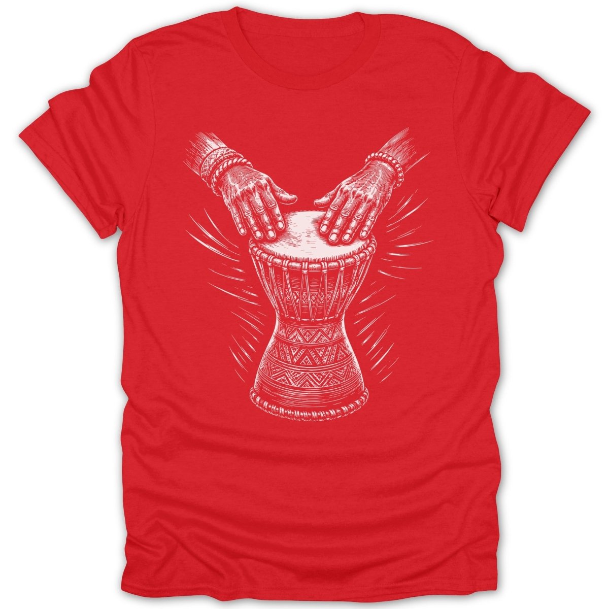 Red t-shirt with white line art of hands playing a djembe drum.