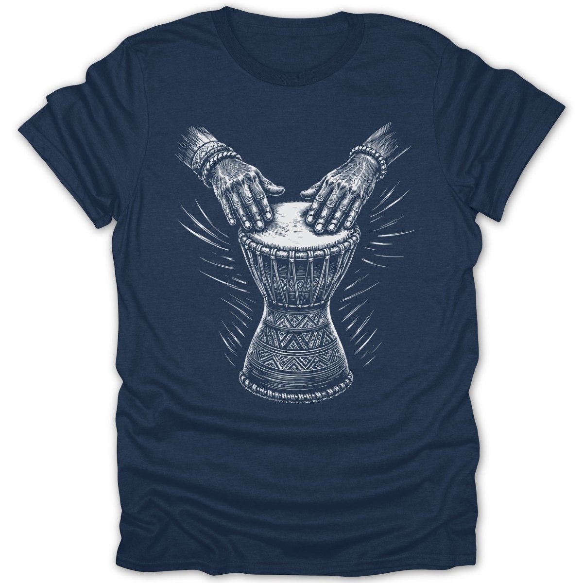 White line art of hands playing a djembe drum with decorative patterns on a navy t-shirt.