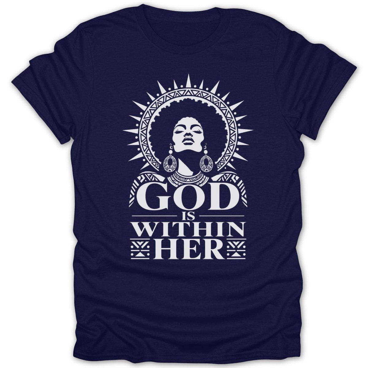 Navy t-shirt with "God Is Within Her" graphic featuring a woman's silhouette.