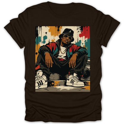 Illustration of a man in a bucket hat and tracksuit sitting by a boombox.
