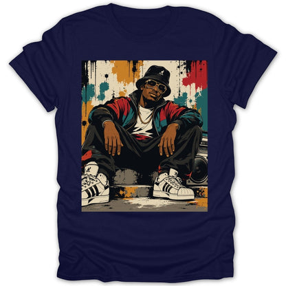 Illustration of a man in a bucket hat and athletic wear sitting next to a boombox.