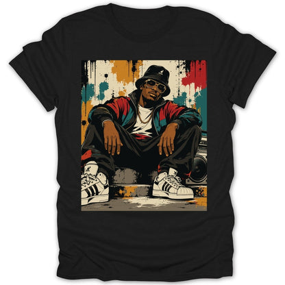 Illustration of a man in bucket hat and sneakers with boombox and graffiti wall.