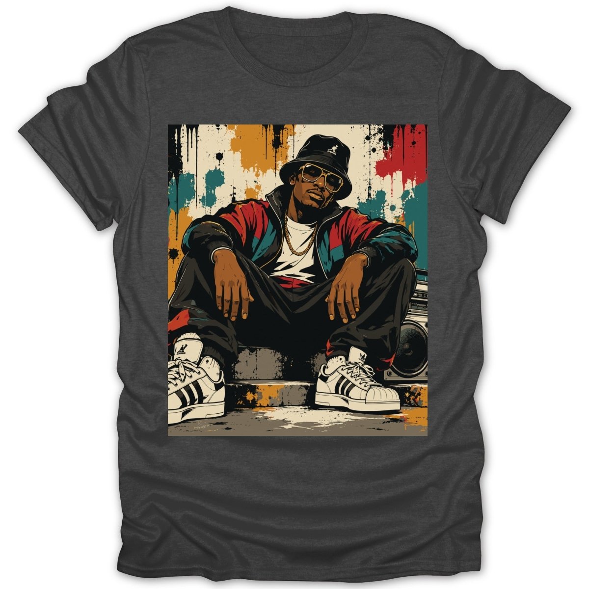 Illustration of a man in streetwear sitting in front of a graffiti wall and boombox.