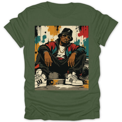 Illustration of a man wearing a bucket hat, sunglasses, and athletic wear, sitting with a boombox.