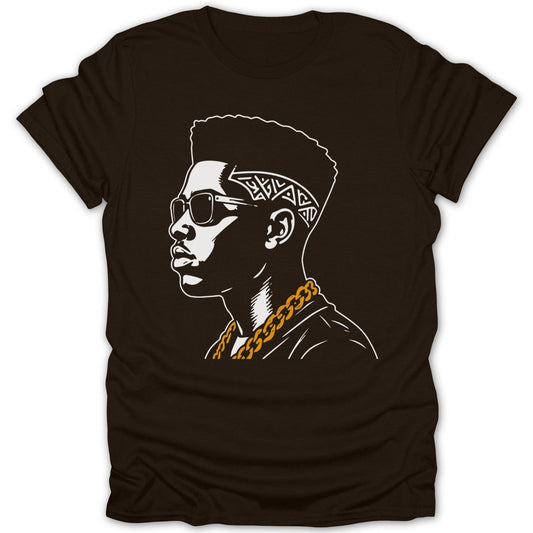 Line art of a man with sunglasses and a gold chain on a dark shirt.