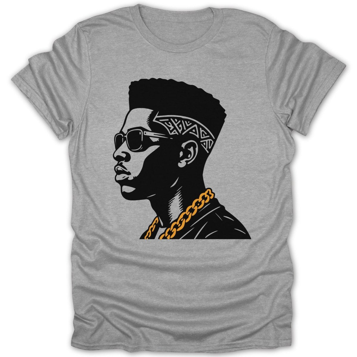 Black graphic of man with bandana, sunglasses, and gold chain on grey t-shirt.