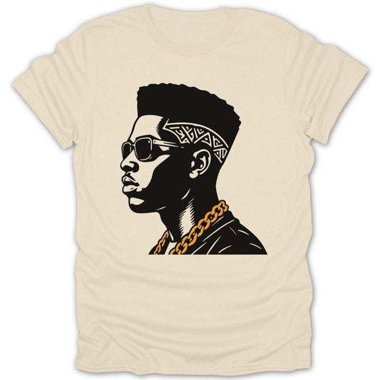 Black and white graphic of a man with sunglasses and a gold chain on a cream t-shirt.
