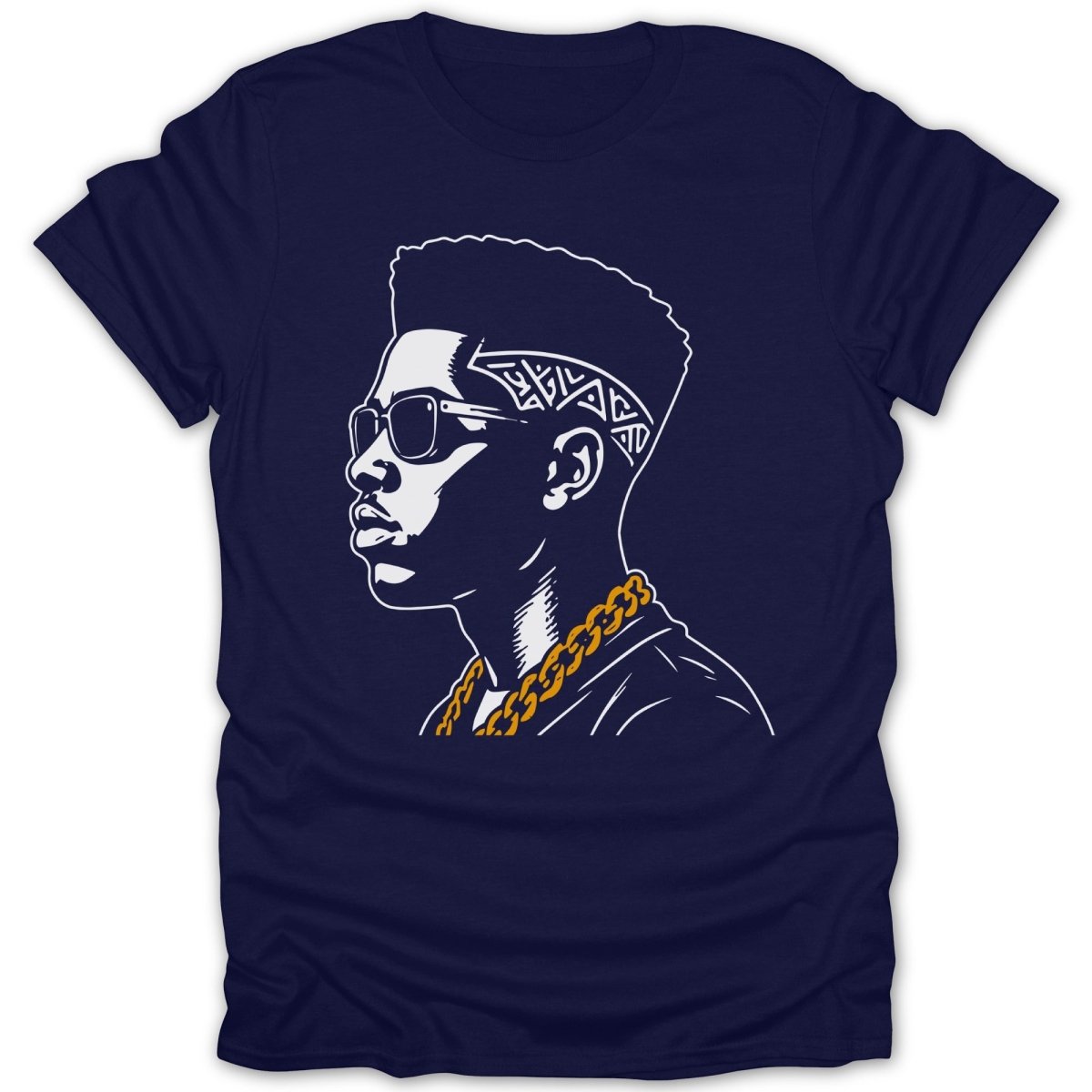 Illustration of a man with sunglasses and a chain on a navy shirt.