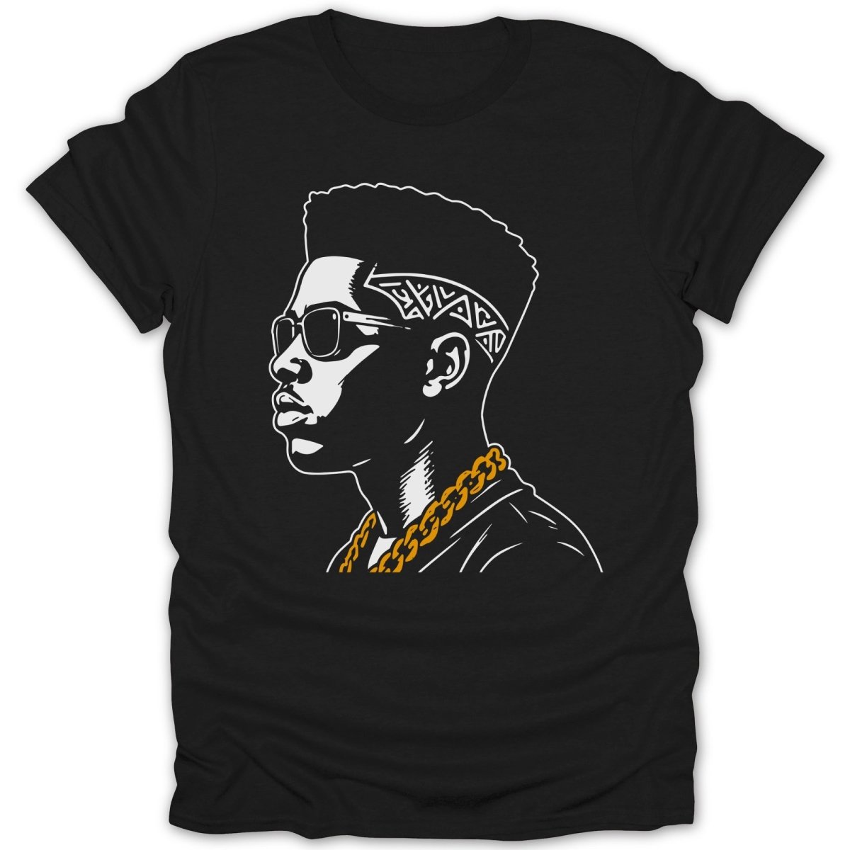 Black t-shirt with a graphic of a man's profile wearing sunglasses and a gold chain.