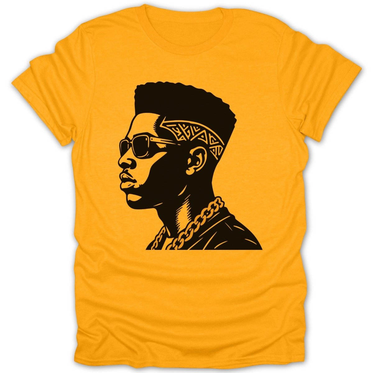 Black graphic of a man wearing sunglasses and a gold chain on yellow t-shirt.