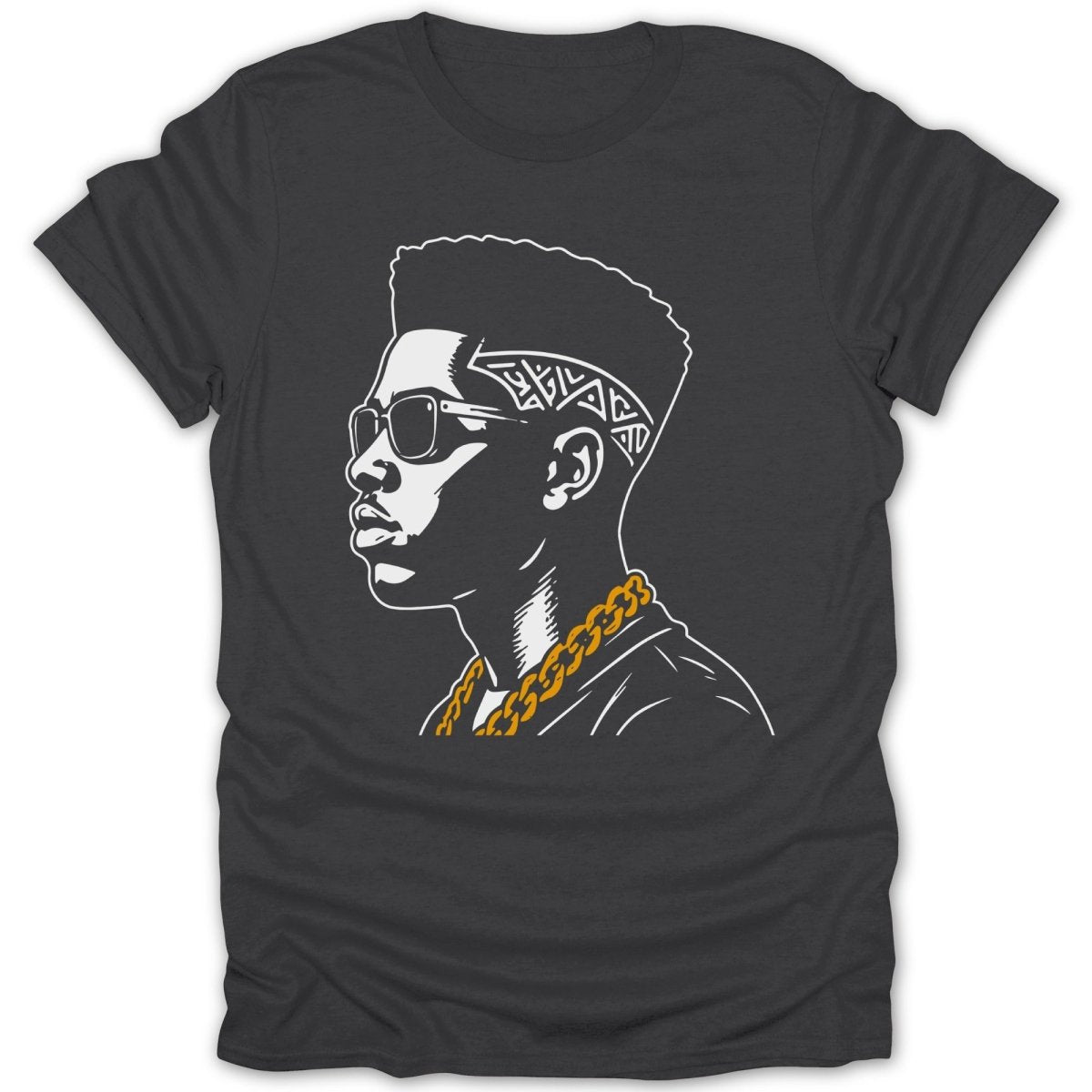 Stylized portrait of a man with sunglasses, bandana, and gold chain.