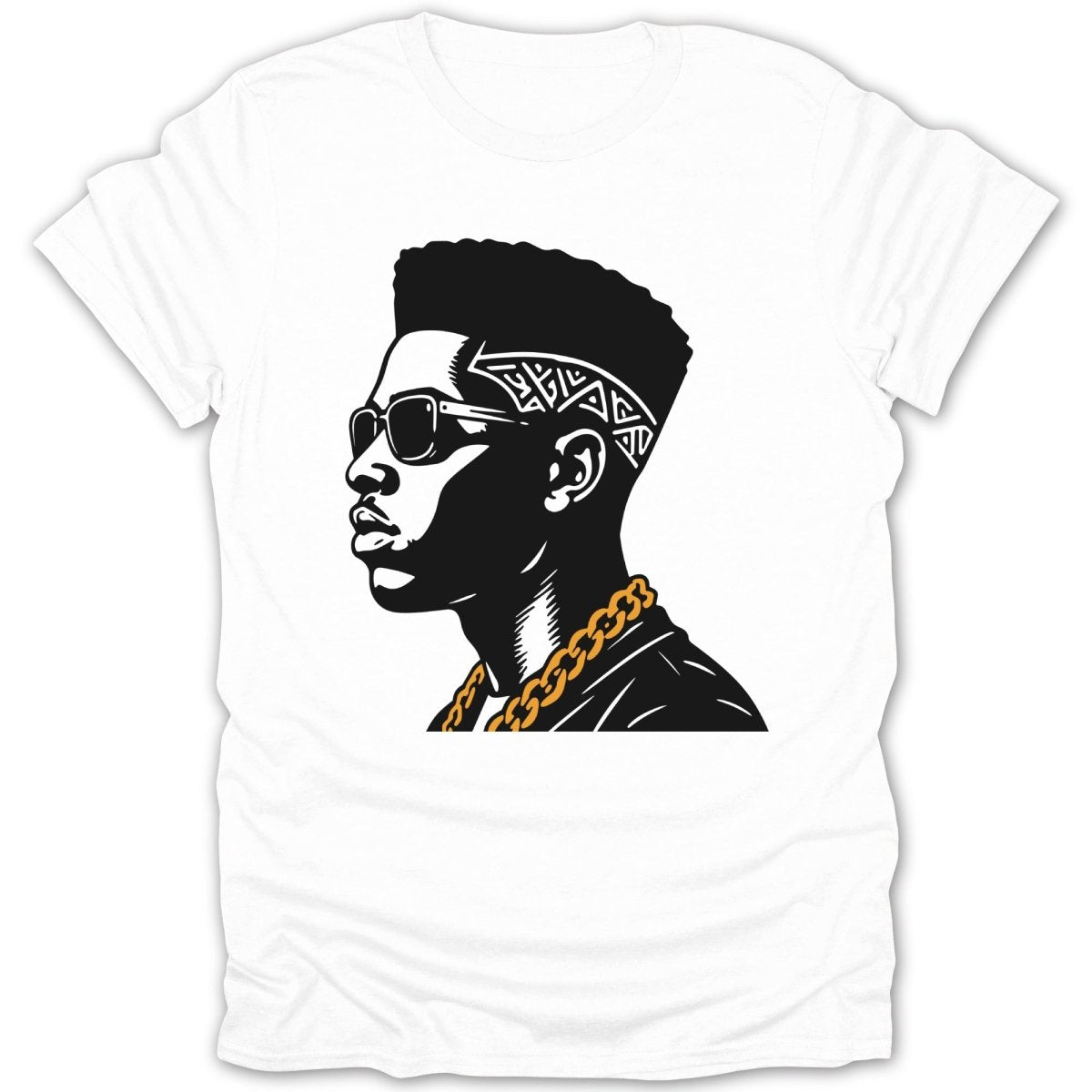 Black and white graphic of a man wearing sunglasses and a gold chain on a white t-shirt.