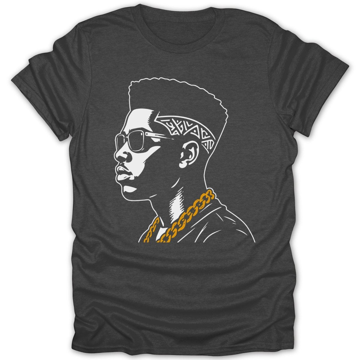 Graphic of man with sunglasses, bandana, and gold chain on black t-shirt.