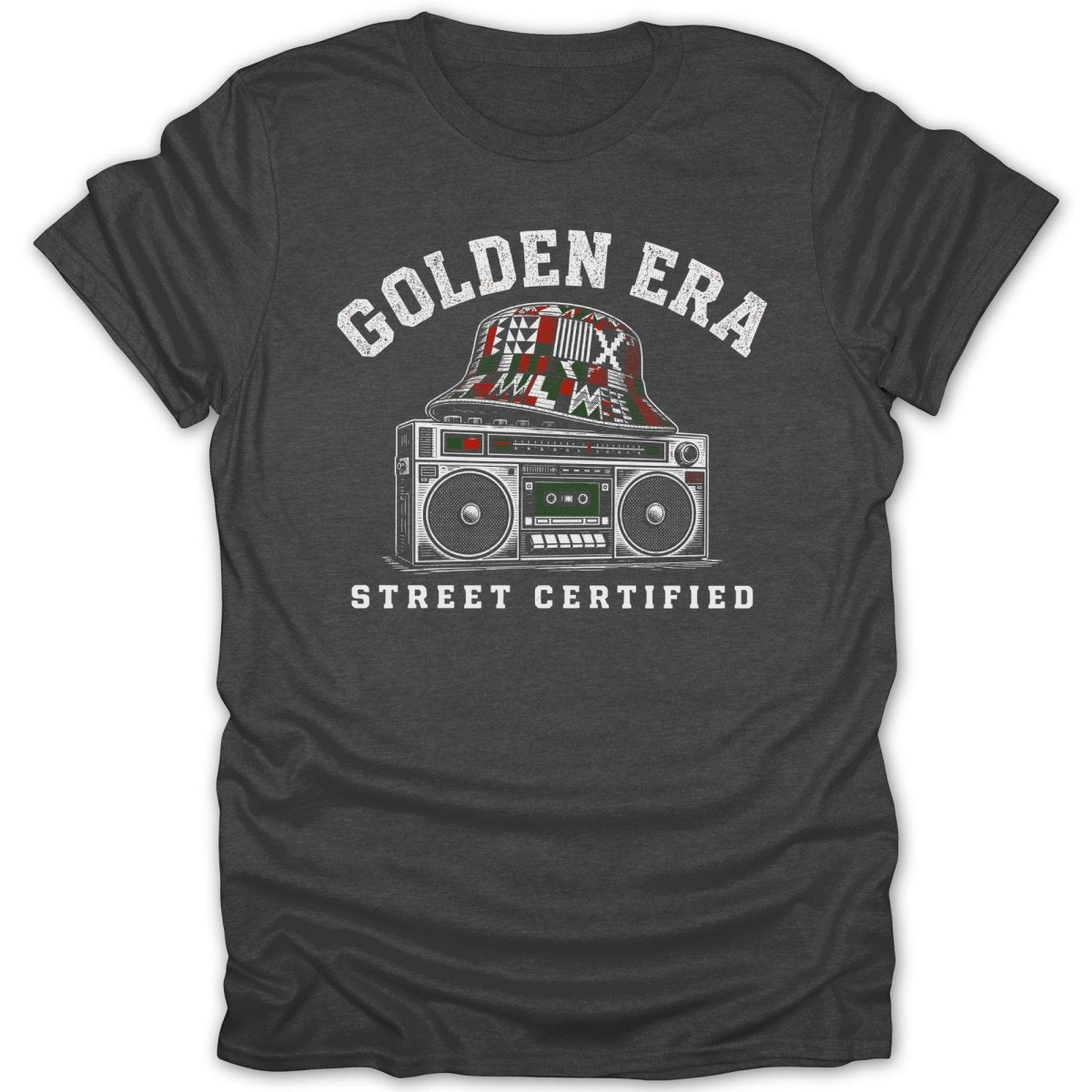 T-shirt with graphic of boombox and bucket hat, text "GOLDEN ERA STREET CERTIFIED"