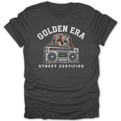 T-shirt with graphic of boombox and bucket hat, text "GOLDEN ERA STREET CERTIFIED"