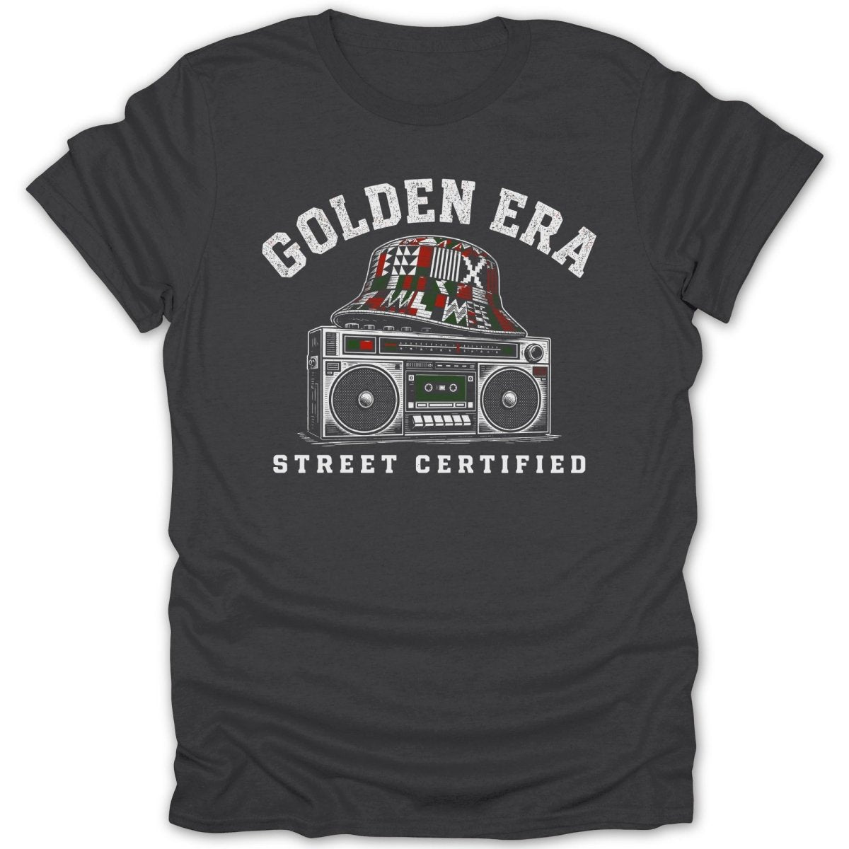 Graphic tee with boombox, bucket hat, and text "GOLDEN ERA STREET CERTIFIED".