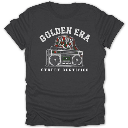 Graphic tee with boombox, bucket hat, and text "GOLDEN ERA STREET CERTIFIED".