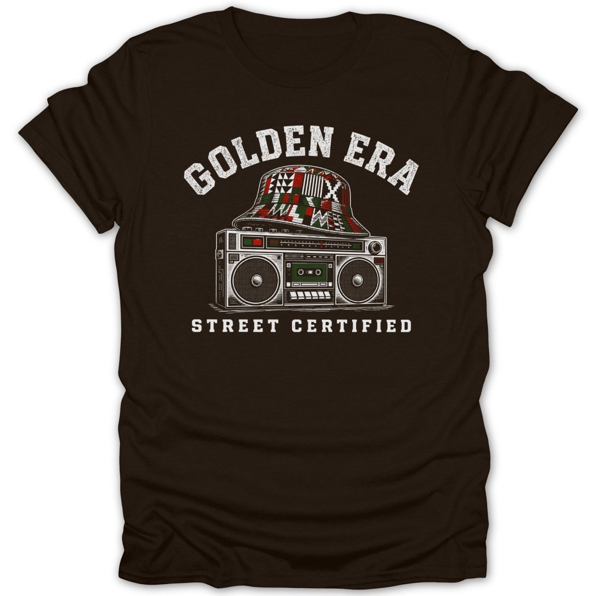 Brown t-shirt with bucket hat and boombox graphic, text "Golden Era Street Certified".