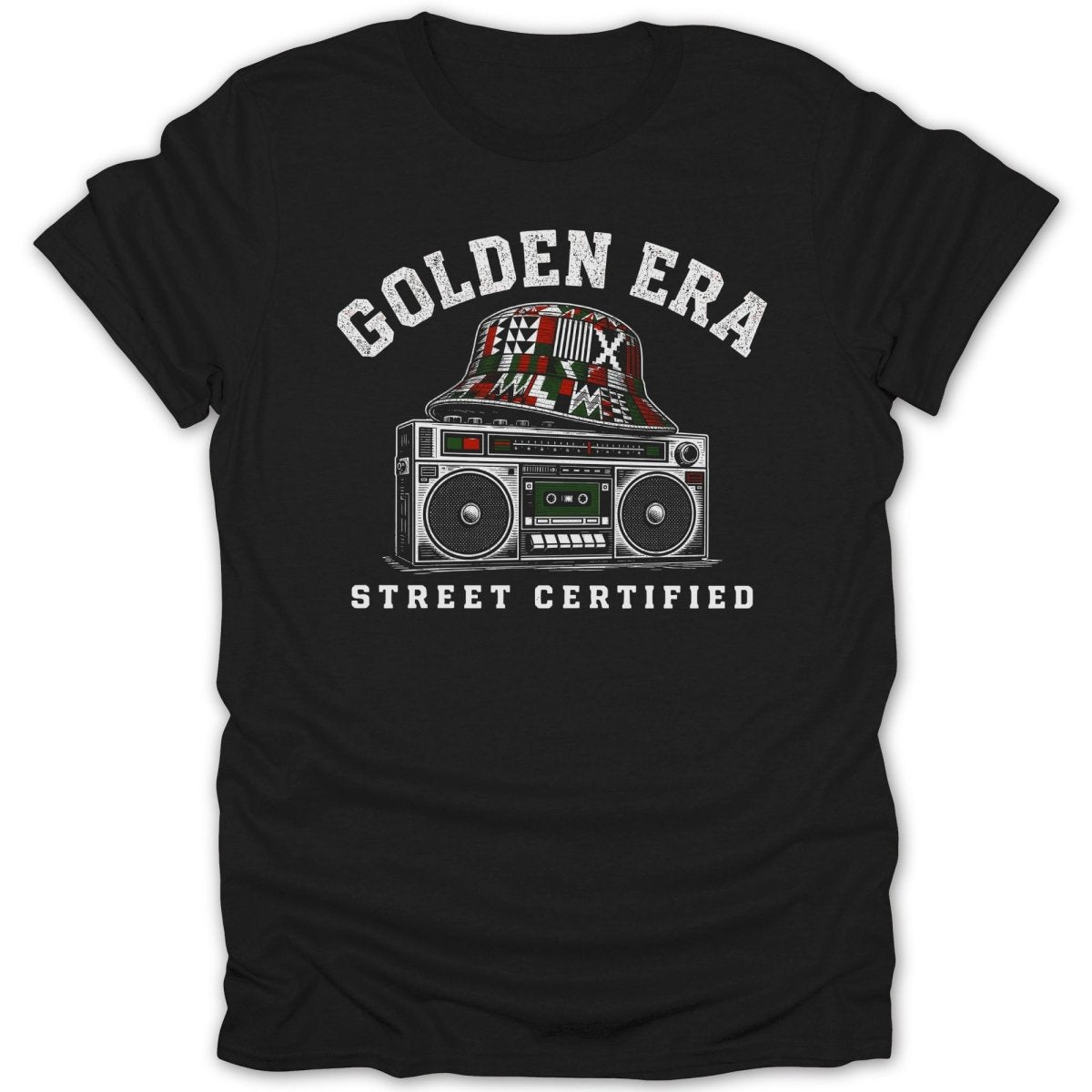 Black t-shirt with "Golden Era Street Certified" text and boombox graphic.