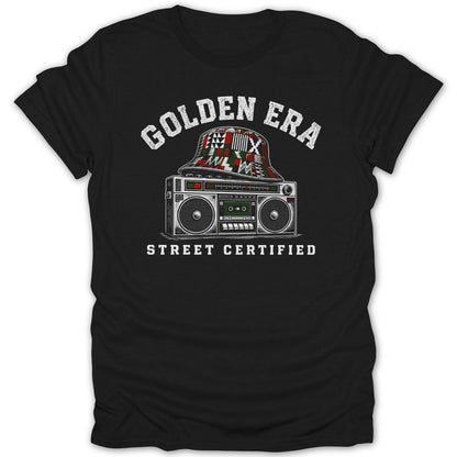 Black t-shirt with "Golden Era Street Certified" text and boombox graphic.
