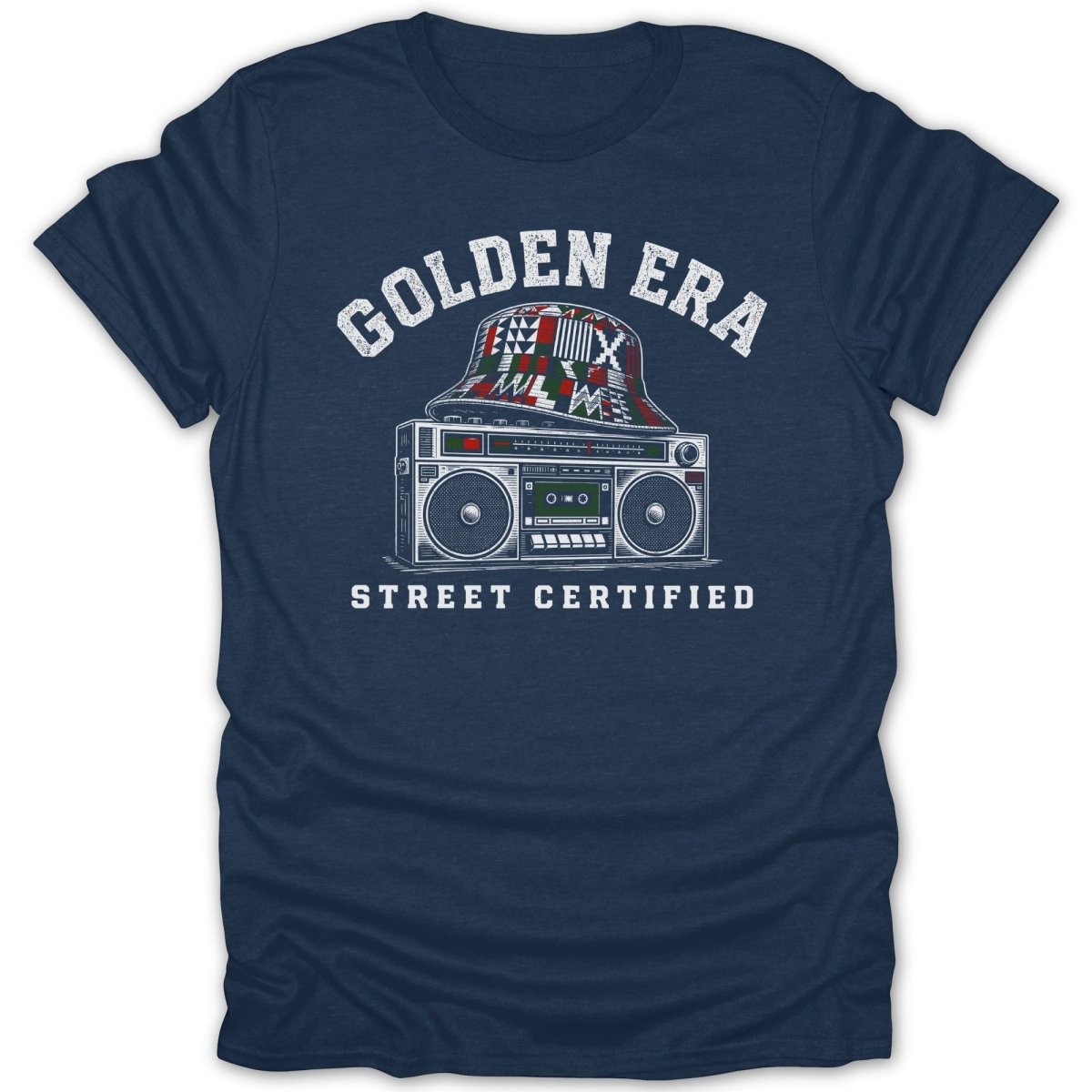 Dark blue t-shirt with graphic of vintage boombox and bucket hat, text "GOLDEN ERA STREET CERTIFIED."