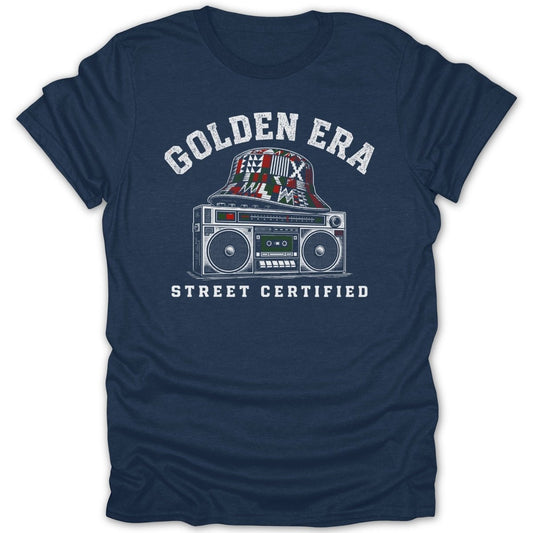 Dark blue t-shirt with graphic of vintage boombox and bucket hat, text "GOLDEN ERA STREET CERTIFIED."