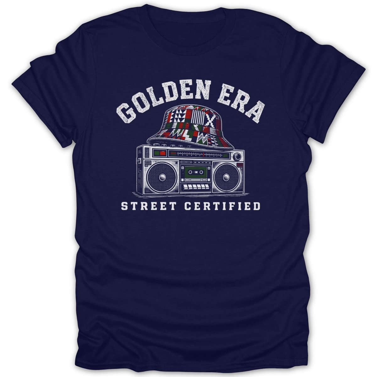 Navy t-shirt with vintage boombox and bucket hat graphic and text.