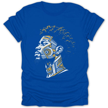 Blue t-shirt with a profile portrait of a man with geometric patterns on his face and neck.