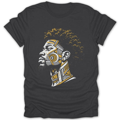 Dark t-shirt featuring a profile of a man with abstract geometric facial markings.