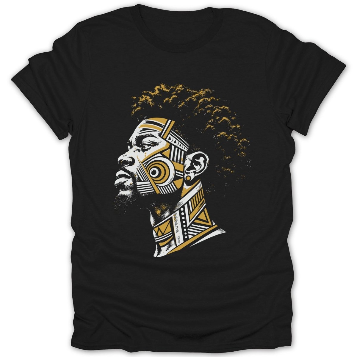 Black t-shirt featuring a man's profile with gold and white geometric tribal face markings.