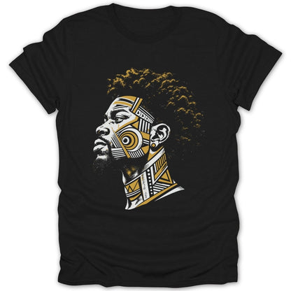 Black t-shirt featuring a man's profile with gold and white geometric tribal face markings.