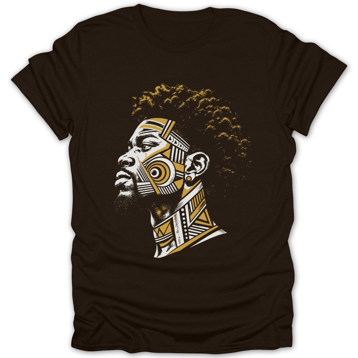 Brown t-shirt with a profile portrait of a man with abstract geometric markings on his face.
