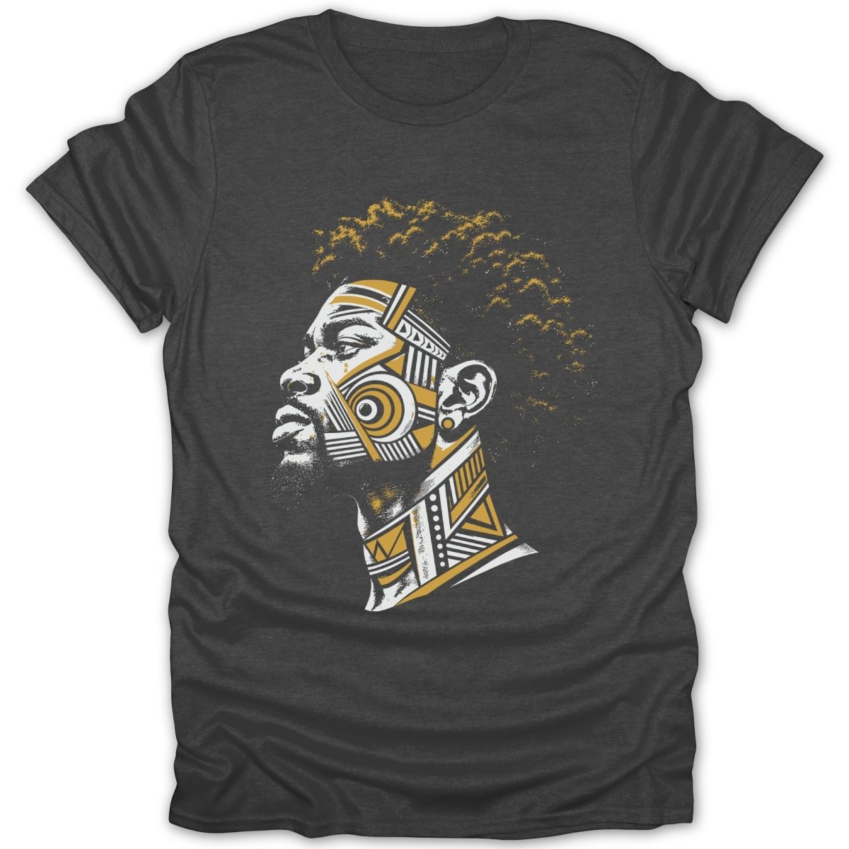 Dark gray t-shirt with a profile view of a man's head adorned with geometric patterns.
