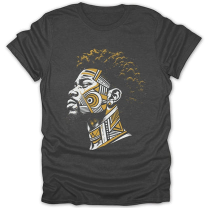Dark gray t-shirt with a profile view of a man's head adorned with geometric patterns.