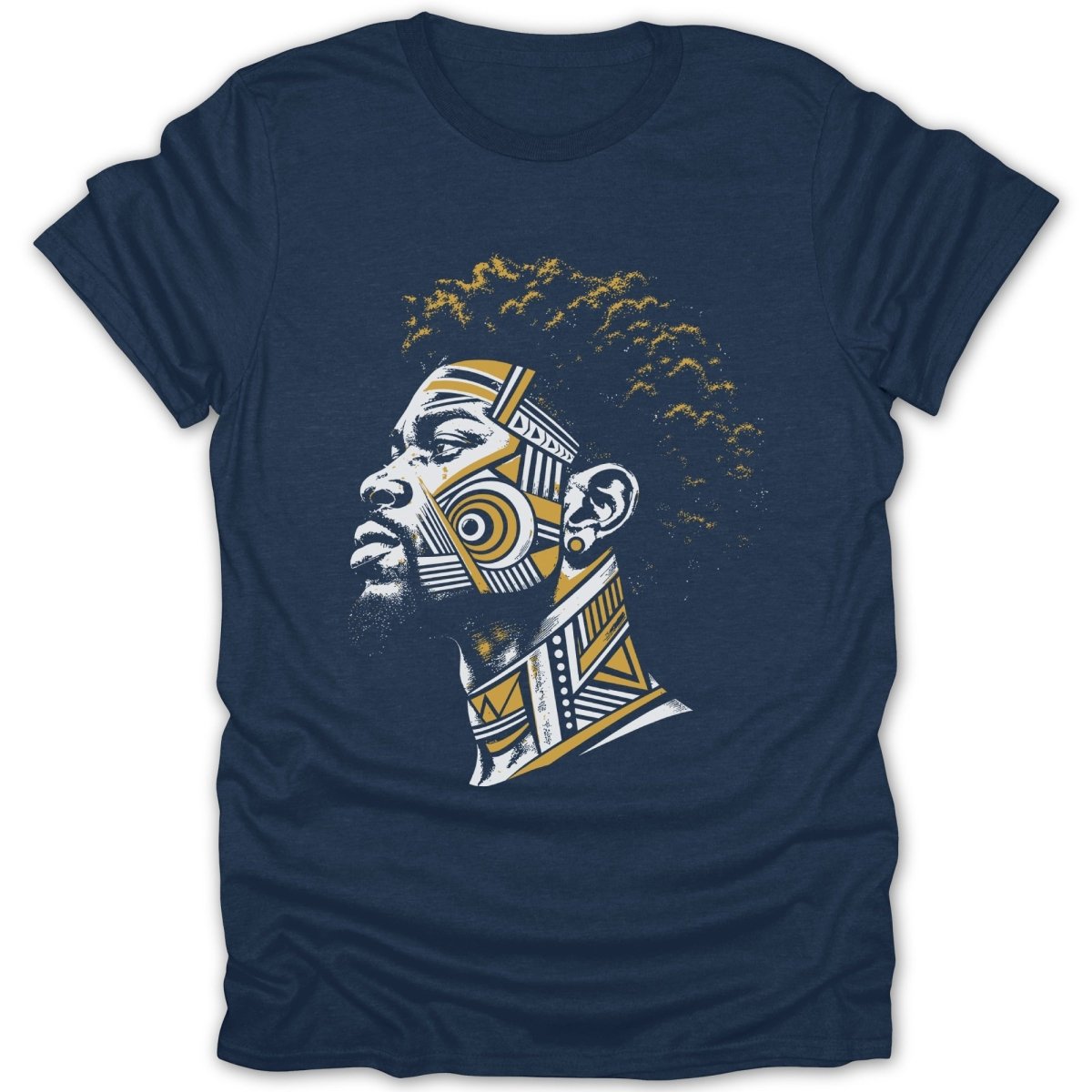 Navy t-shirt featuring a man's profile with geometric yellow and white face paint.