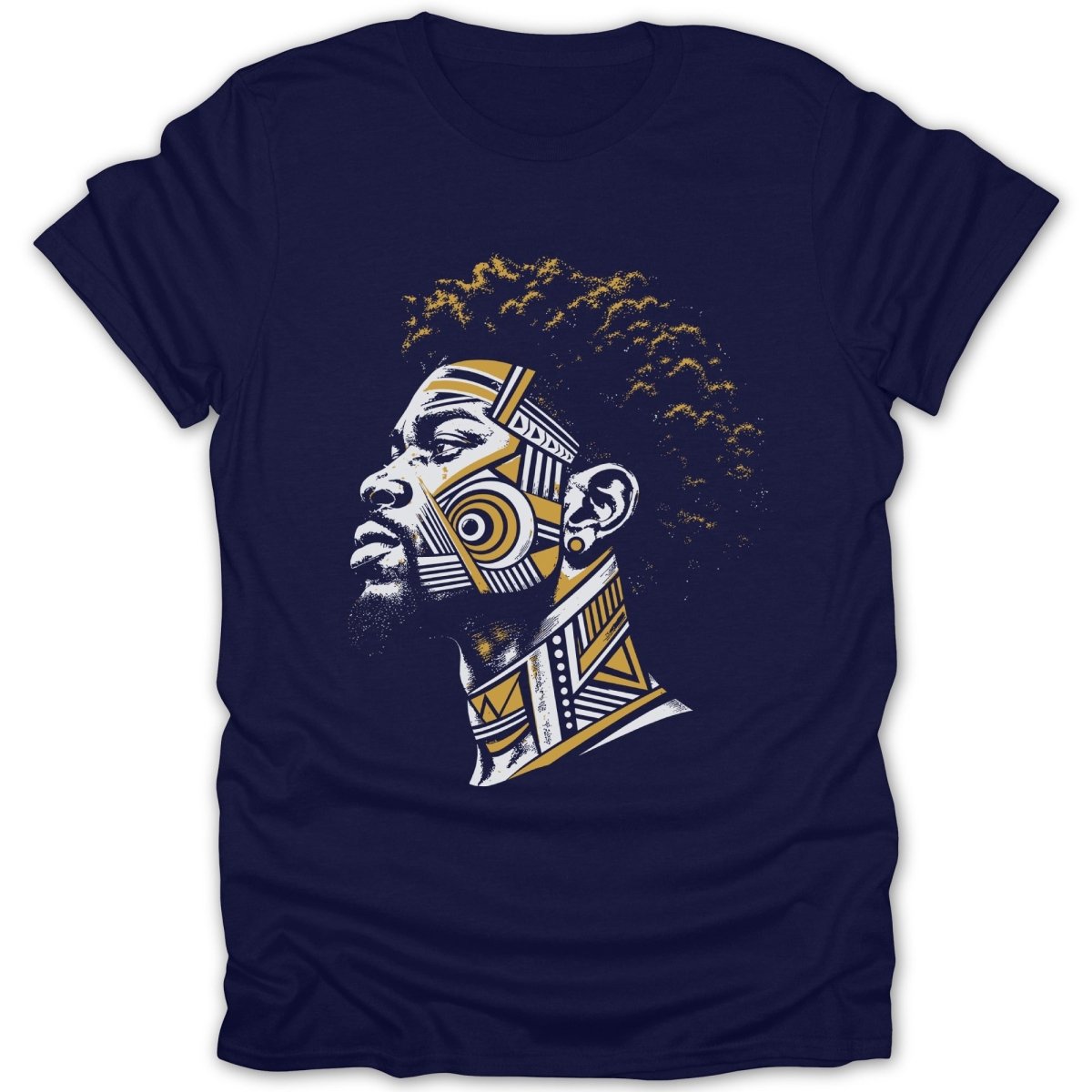 Navy t-shirt with geometric face art in white and yellow.