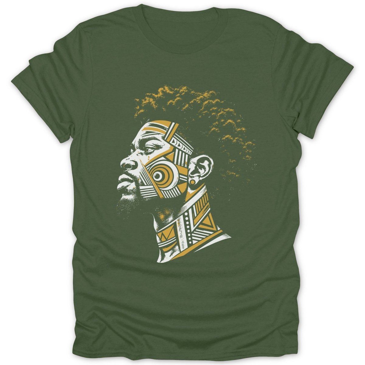 Green t-shirt with a graphic of a man's profile adorned with tribal patterns.