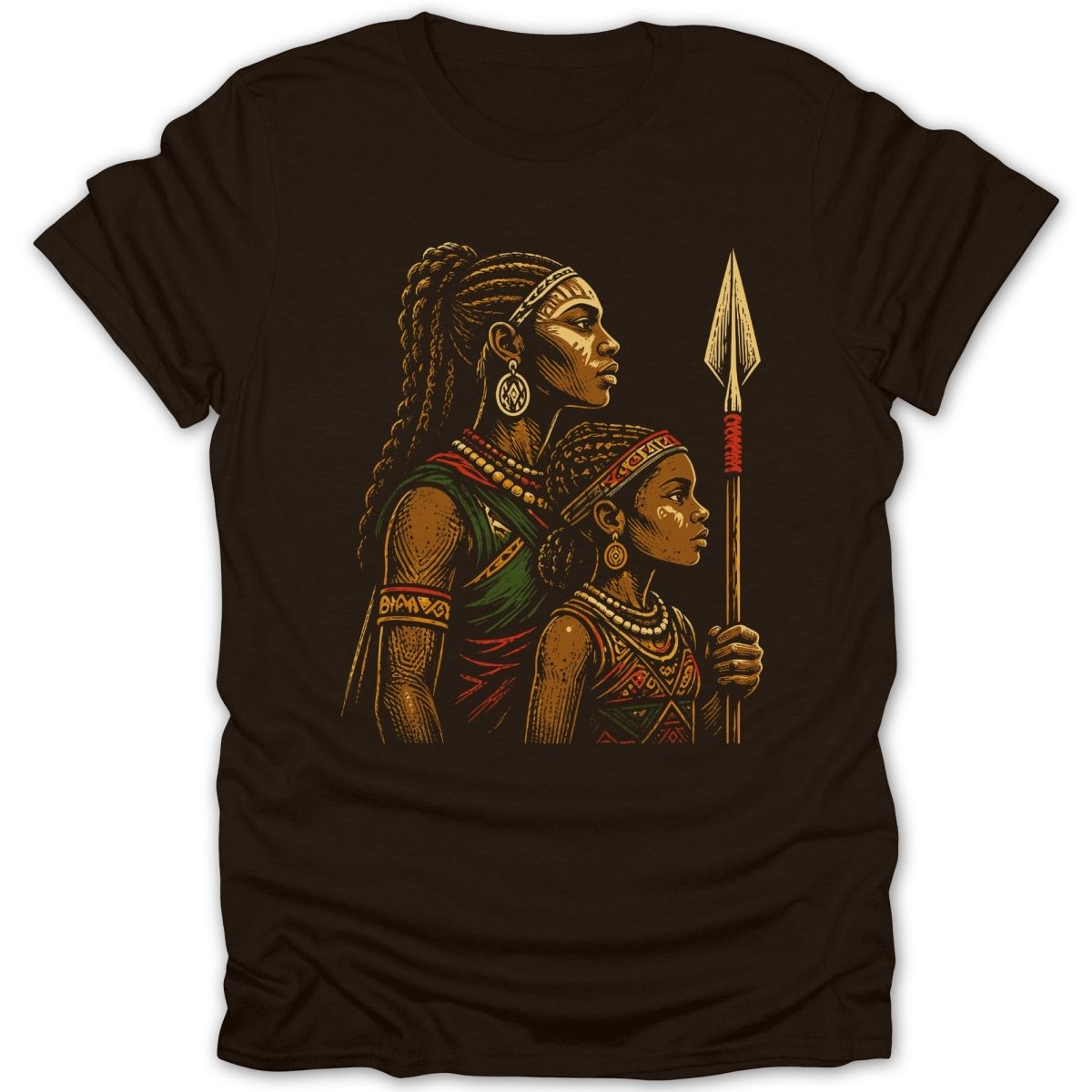 Illustration of a woman and child in traditional African attire holding a spear.