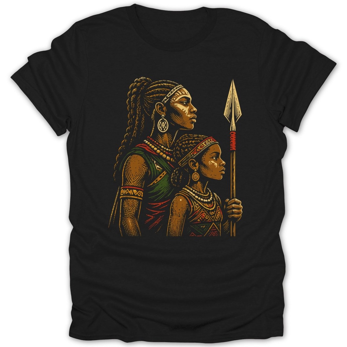 Two women, one adult and one child, in traditional African attire holding a spear.