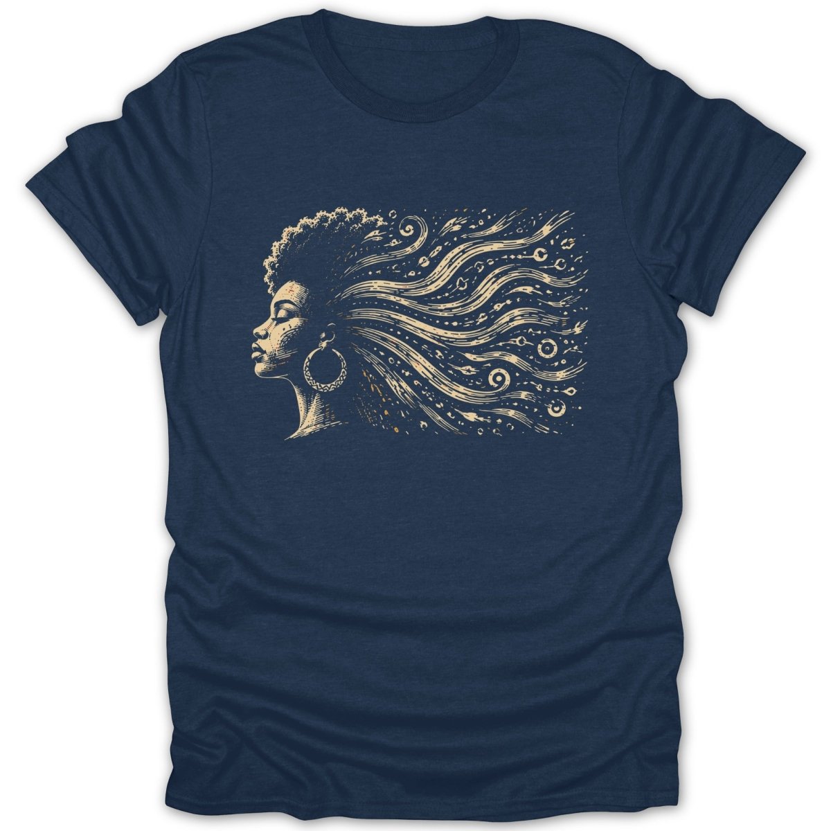 T-shirt with a profile illustration of a Black woman with flowing, patterned hair and hoop earrings.
