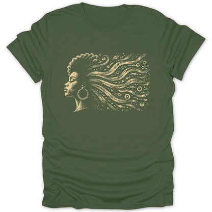 Profile of a woman with abstract flowing hair and large hoop earrings on a green t-shirt.