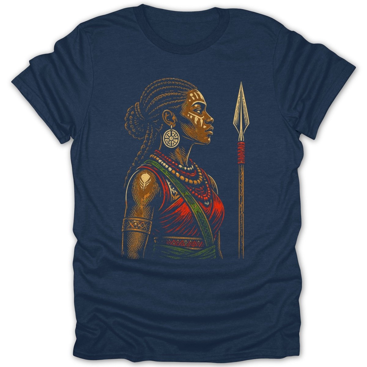 Woman with braided hair and face paint holding a spear, wearing jewelry.