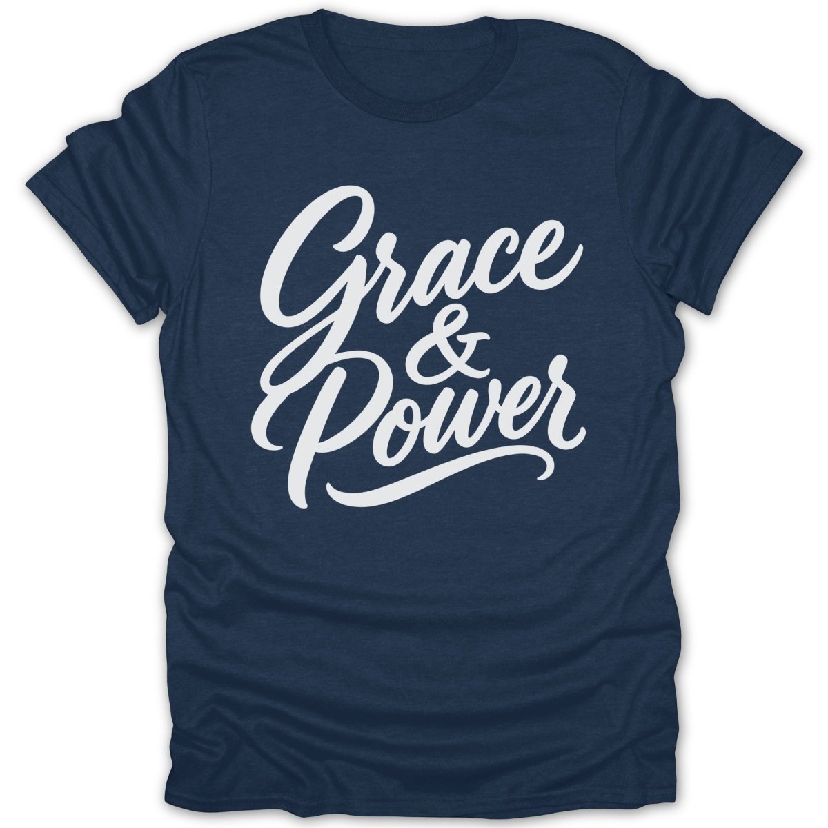 Navy t-shirt with white text saying "Grace & Power"