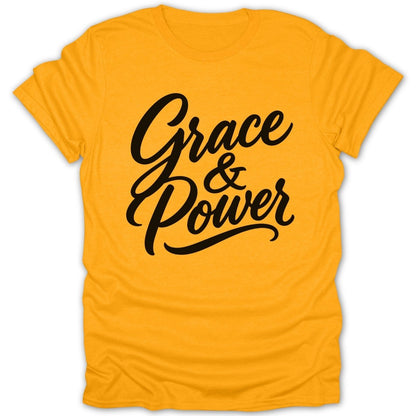 Yellow t-shirt with black cursive text "Grace & Power"