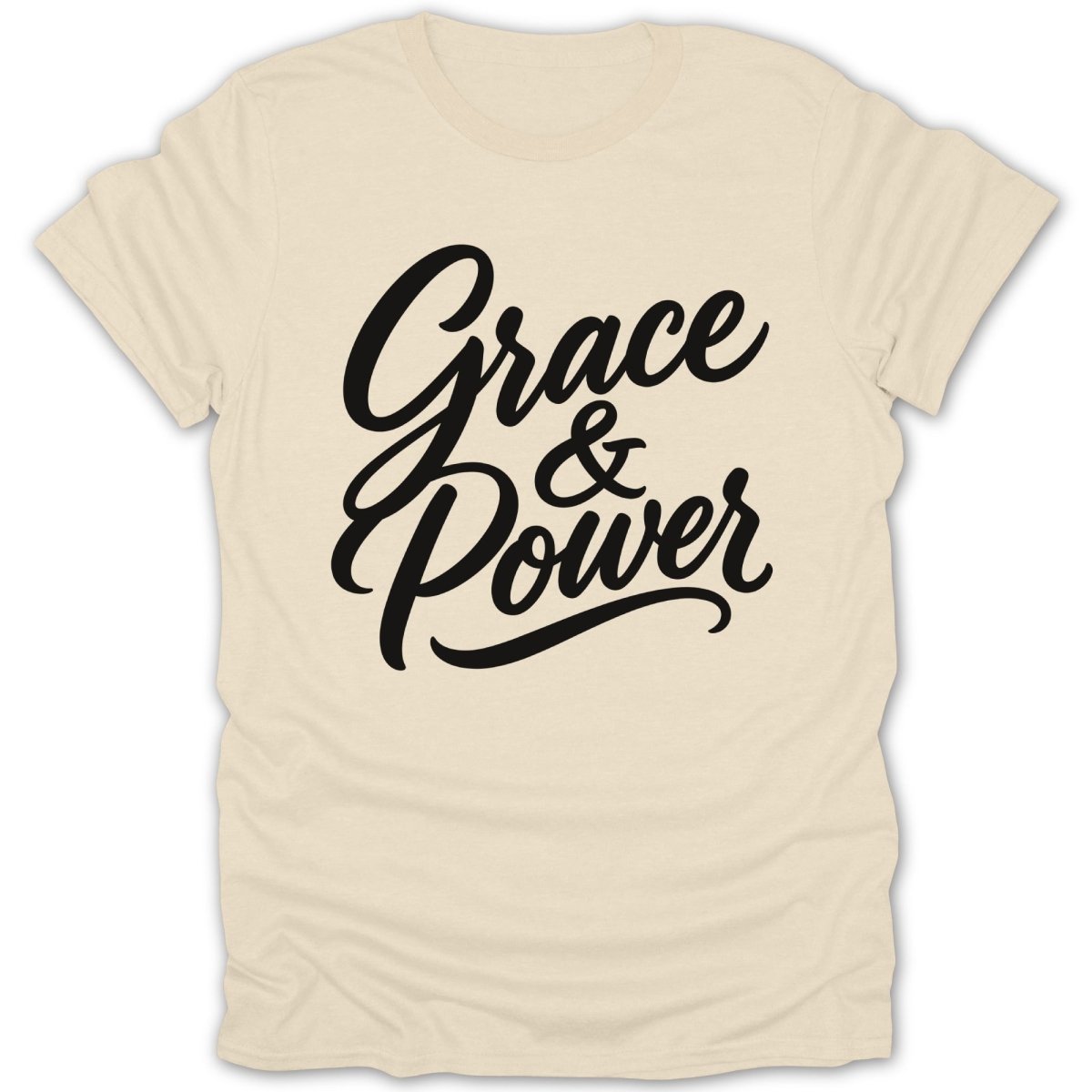 Cream t-shirt with black script text reading "Grace & Power"