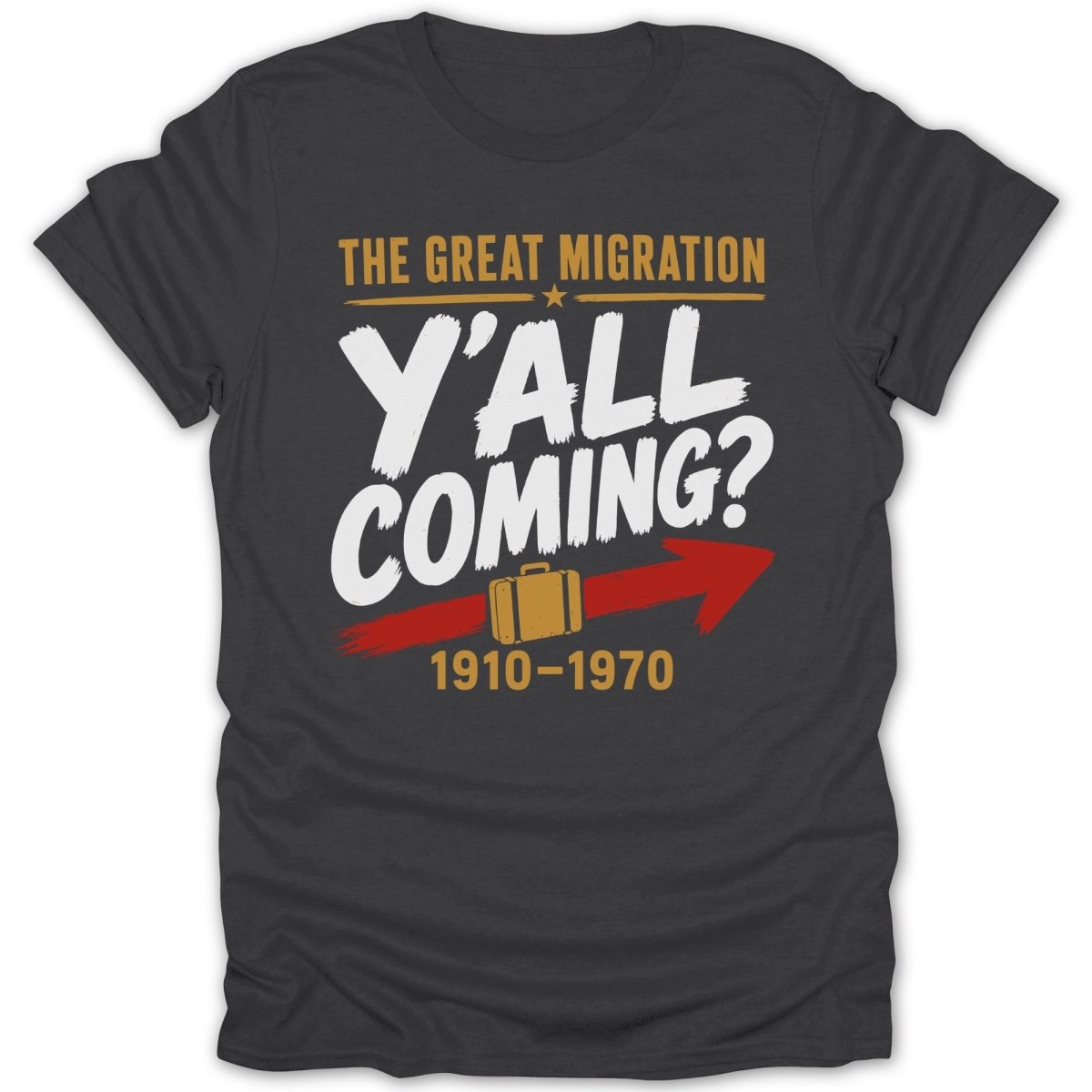 The Great Migration Y'all Coming? 1910-1970 text with suitcase and arrow.