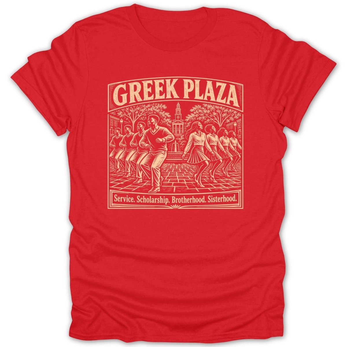 Red t-shirt with "GREEK PLAZA" and figures dancing on a brick plaza.