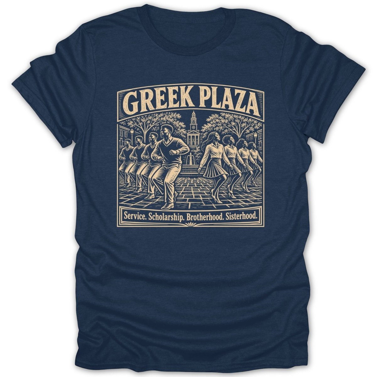 Navy t-shirt with "GREEK PLAZA" text and depiction of students dancing.