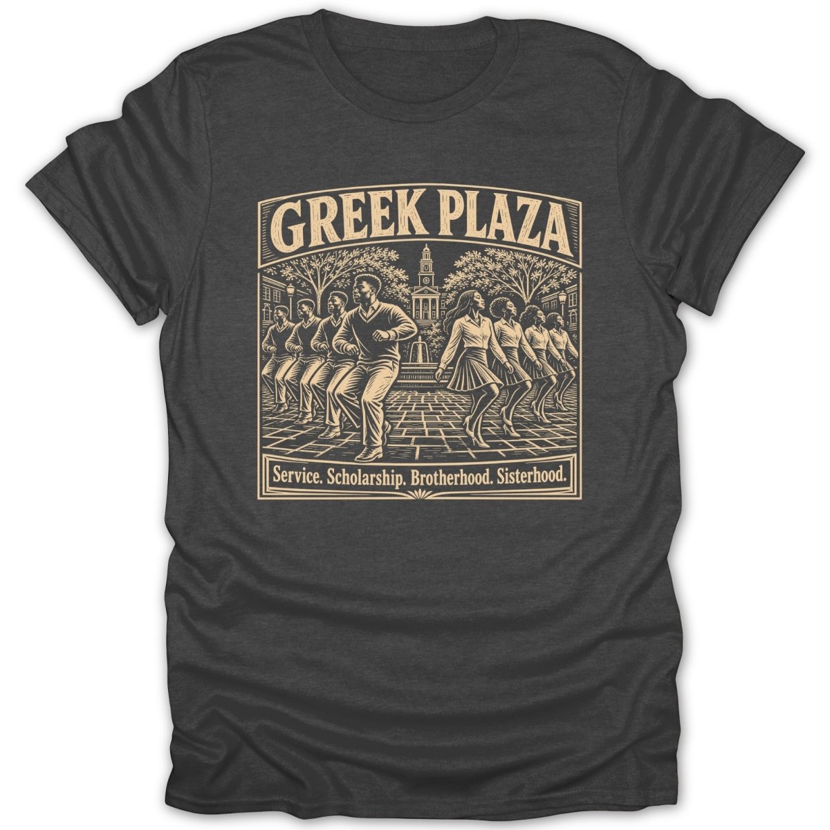Greek Plaza design with people dancing in a courtyard, text: Service. Scholarship. Brotherhood. Sisterhood.